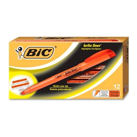 Bic Bic Brite Liner Highlighter with Pocket Clip, Chisel Tip, Orange Ink, Dozen BL11OE
